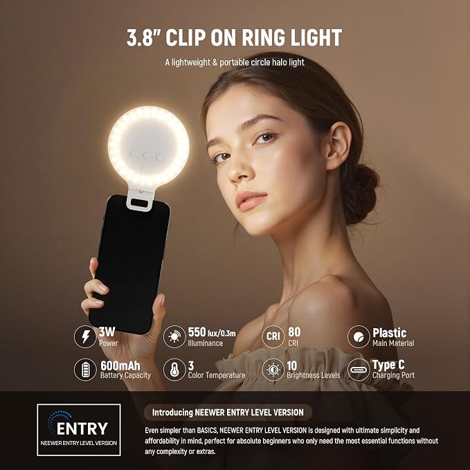 NEEWER Entry Level Version 3.8" Ring Light, 3W Clip on Phone Selfie Lighting for iPhone Laptop Desk Computer Webcam Video Conference Zoom Vlog Recording Streaming Makeup, 3 Modes CRI80 600mAh, NR5 - Image 2