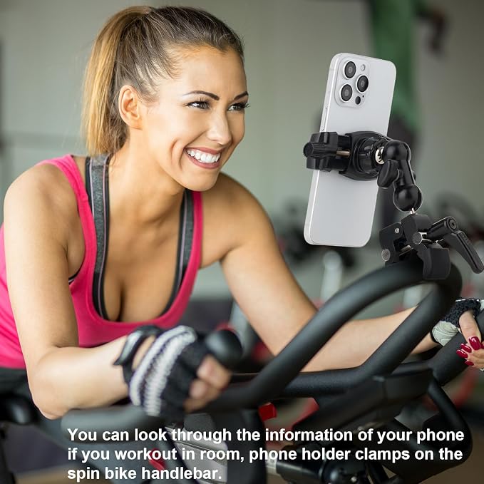 Mippko Phone Holder Clamp Mount for Treadmill/Spin Bike/Baby Stroller/Golf Cart/Music Stand/Microphone Stand/Handlebar,Compatible with 3.5~7.5" iPhone/Smartphone,360°Adjustable Aluminum Alloy Mount - Image 2
