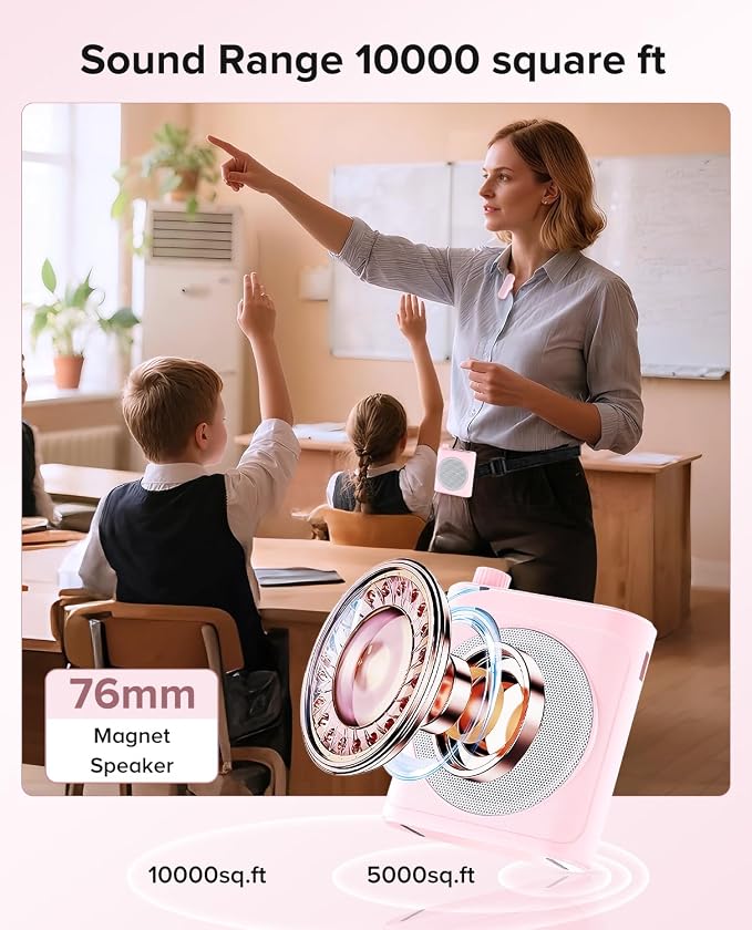 Voice Amplifier for Teachers with 2 Magnetic Lavalier Mics, Pink | Bluetooth Portable Rechargeable Speaker for Classroom, Meetings, Tour Guide Speeches, Public Speaking, Coaches, PA System - Image 2