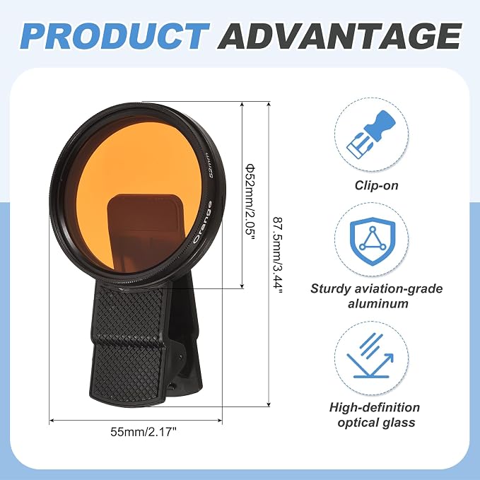 PATIKIL 52mm Phone Camera Lens, Clip-On Full Color Filter Circular Polarizing Lens for Most Smart Phones and DSLR Cameras, Orange - Image 2