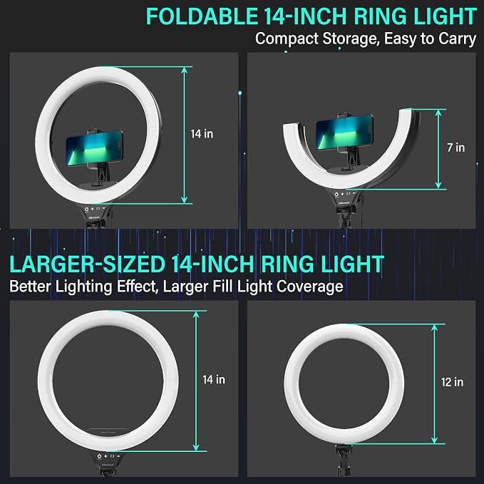 UBeesize 14'' LED Foldable Ring Light with 62'' Tripod Stand, Selfie Ring Light for Video Recording, Live Streaming, TikTok & YouTube, Compatible with iPhone & Android (Black) - Image 2