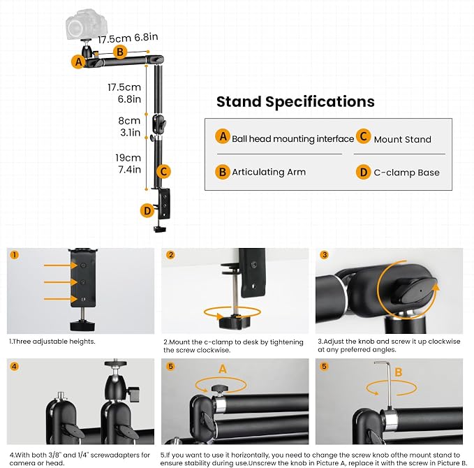 TARION Overhead Camera Desk Mount Articulating Arm with Gear Joints TKA01-M | 3-Section Arm, 6.6lb Load Capacity, 3/8'' Screw and 1/4'' Screw Ballhead, for DSLR SLR Mirrorless Cameras Projector Ringlight - Image 5