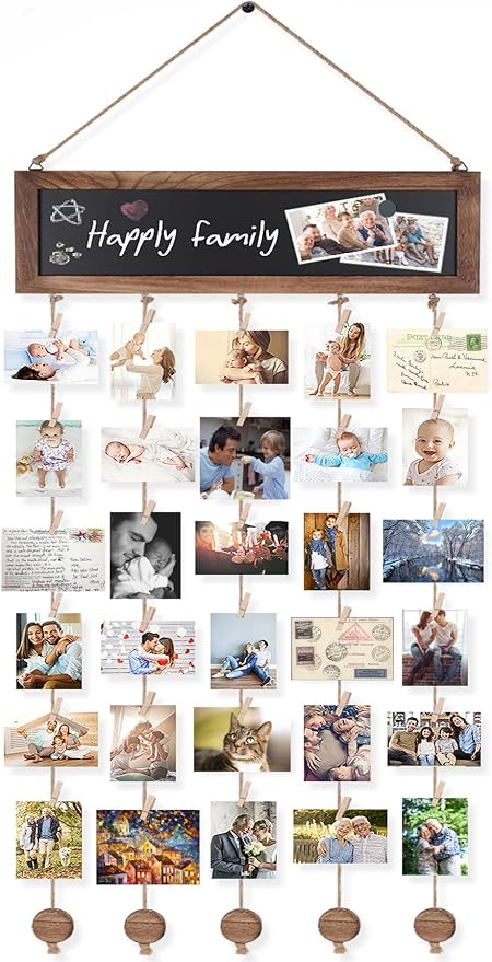 Bikoney Picture Frames Collage Photo Hanging Display with Chalkboard | Rustic Wood Polaroid Board with 30 Clips, Multi Photo Hanging Display, Carbonized Black Finish, Easy Wall Mount by Bikoney