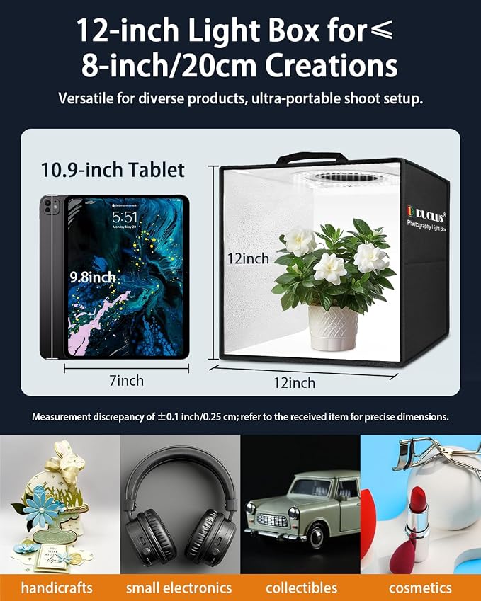 Light Box Photography, 12"x12" Photo Booth Box with 120 LED Lights Dimmable & CRI＞95, Portable Lightbox with 8 Backdrops for Mini Product Photography: Jewelry, Cards, Watches - Image 8