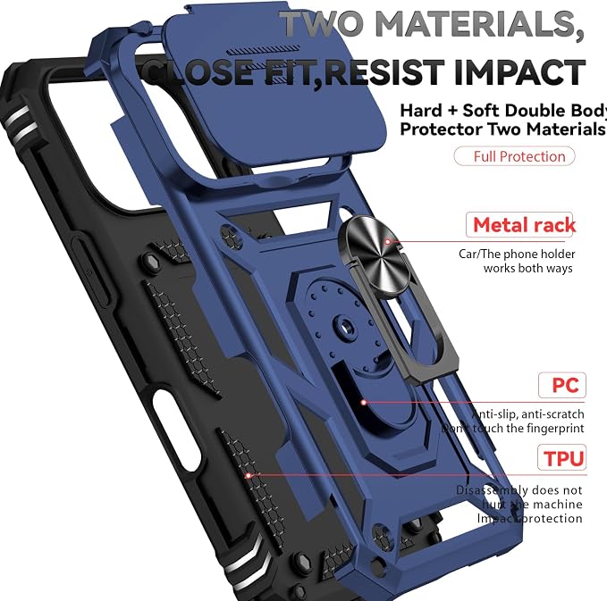 SunStory Phone Case for iPhone 17 Pro Case with HD Screen Protector & Slide Camera Cover & Rotated Ring Kickstand, [Military-Grade] Phone Case for for iPhone 17 Pro, Blue - Image 8