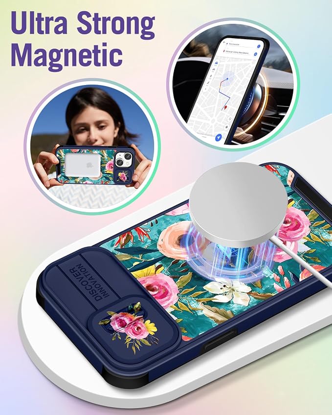 Buleens for iPhone 15 Plus Case 6.7 Inch - with Ring Stand & Camera Cover Aesthetic Cute Designed for Women Girls Girly Pretty Lake Blue Flowers for iPhone 15 Plus Phone Case Compatible with Magsafe - Image 4