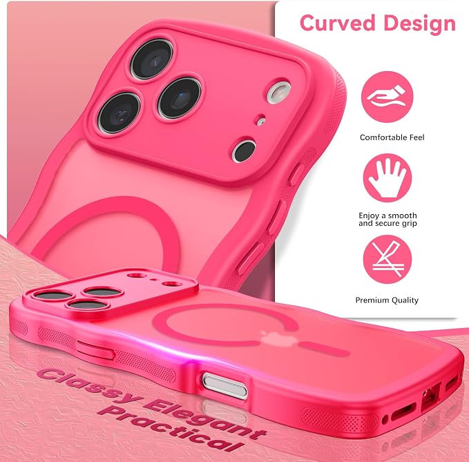 BENTOBEN Magnetic for iPhone 17 Pro Case, Cute Wavy Full Camera Protection [Compatible with MagSafe] Matte Anti-Slip Bumper Women Girls Boys Protective Cover for 17 Pro 6.3", Hot Pink - Image 5