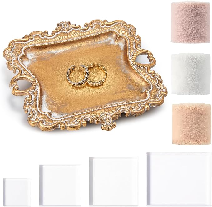 Cinnvoice 8 Pcs Flat Lay Photography Props Set for Jewelry & Wedding Details, Vintage Jewelry Tray, Acrylic Display Blocks, Chiffon Silk Ribbon for Bridal Party Decor Gift(4 Square Bases) by QinYee