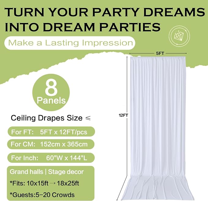 40x12 ft White Backdrop Curtains for Weddings Parties, Birthdays and Photos | 8 Panels 5x12 ft, Wrinkle-Free Polyester Drapes, Washable, Ironable, 4 in Rod Pocket for Baby Showers Photography Background - Image 7