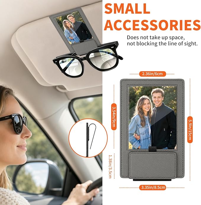 2-in-1 Car Visor Sunglasses & Photo Holder, Magnetic PU Leather Glasses Clip with Picture Display Slot, Universal Sun Visor Organizer for Eyeglasses, Personalized Cards & Memories, Gray - Image 5