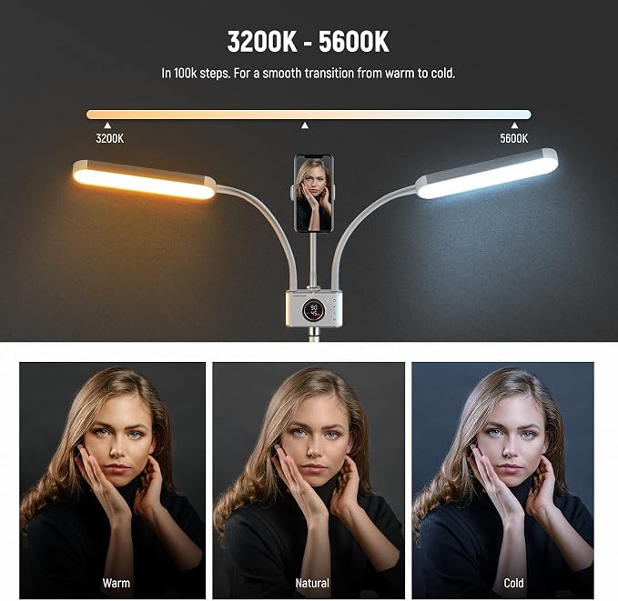 NEEWER Esthetician Light with Phone Holder & Travel Bag Kit, Support 2.4G/PC/MAC Control & Separate Control of 2 LED Light Heads, CRI98+ Bi Color Stepless Dimmable Tattoo Lighting Lash Lamp, BH40B - Image 2