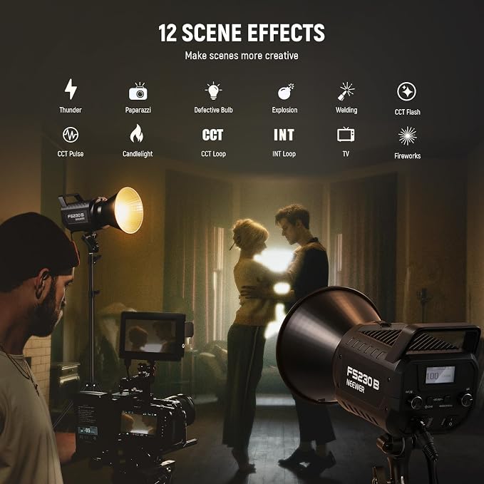 NEEWER FS230B LED Video Light 2.4G/APP Control, 230W Bi Color COB Silent Photography Continuous Output Lighting with 4 PWM Dimming Types, 110000lux/m, 2700K-6500K, CRI 97+, 12 Scenes, Bowens Mount | Silent Photography Continuous Output Lighting, 4 PWM ... - Image 6
