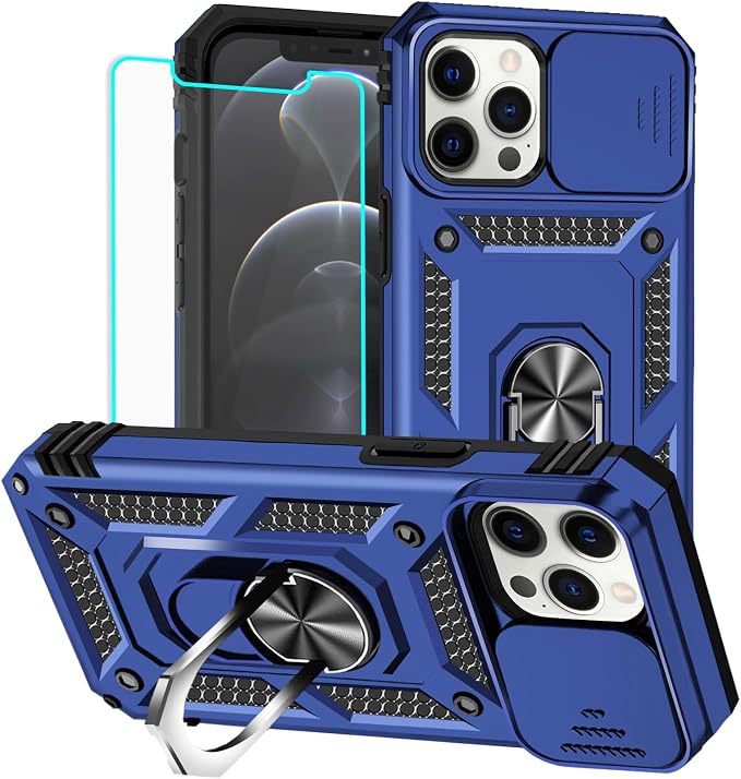 HNHYGETE for iPhone 12 Pro Max Case with Screen Protector: [Military Grade 20ft. Drop Tested] Slide Camera Cover Ring Shockproof Protective Phone Case for - iPhone 12 Pro Max (Blue) by HNHYGETE