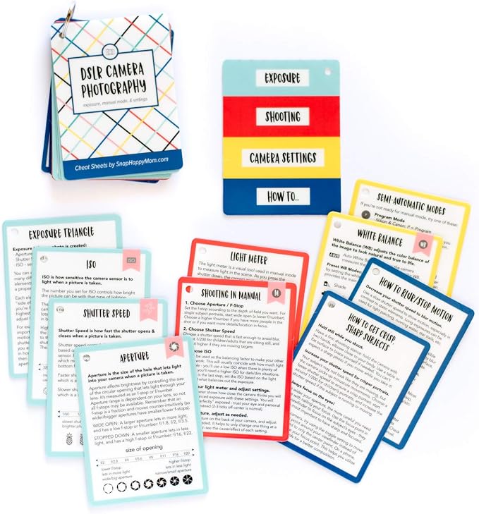 DSLR Cheat Sheet Cards for Canon, Nikon and Sony Cameras - Plastic Quick Reference Photography Cards | Camera Settings, Exposure & Manual Mode (Bright) - Image 6