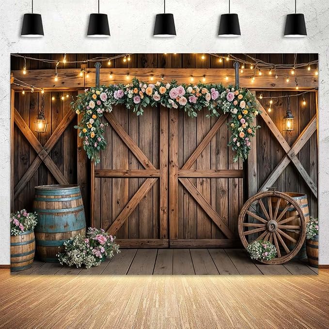 6x4ft Country Wedding Photography Backdrop Rustic Barn Door Photography Backdrop Farmhouse Pink Flower Cabin Wooden Birthday Baby Shower Wedding Bridal Party Banner Photo Booth Props Background - Image 2