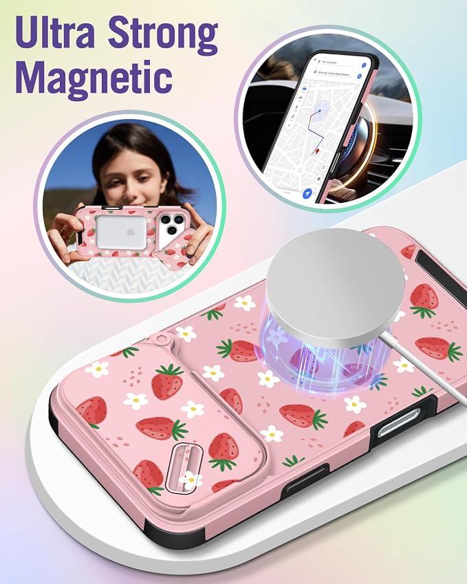 Buleens for iPhone 17 Pro Max Case 6.9 Inch - with Ring Stand & Camera Cover Aesthetic Cute Designed Women Girls Pretty Girly Kawaii Strawberry Phone Case for iPhone 17 Pro Max Compatible with Magsafe - Image 4