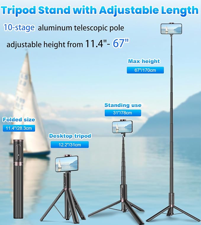 TONEOF 67" Cell Phone Selfie Stick Tripod,Smartphone Stand All-in-1 with Integrated Wireless Remote,Portable,Lightweight,Extendable for iPhone/Android(Black) - Image 3