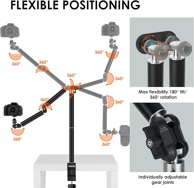 TARION Overhead Camera Desk Mount Articulated with Gear Joints TKA01-L | 6.6lbs Load, 3/8'' 1/4'' Screw, Flexible Detachable Ballhead, Supports Horizontal and Vertical Shooting, Live Streaming - Image 2