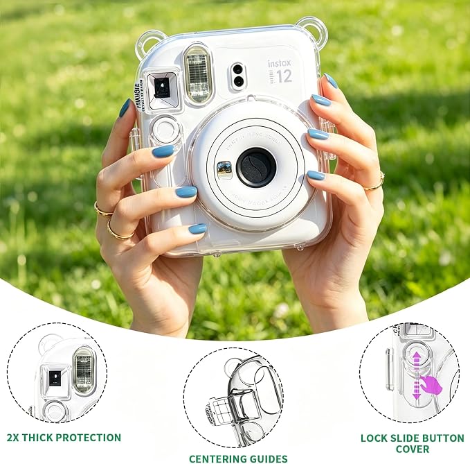 Clear Camera Case for Fujifilm Instax Mini 12, Grey Camera Strap | Protective Cover with Anti-Accidental Shutter, 4 Composition Cards, Photo Storage Holds 10 Films, Clear Hard Shell, No Camera - Image 4