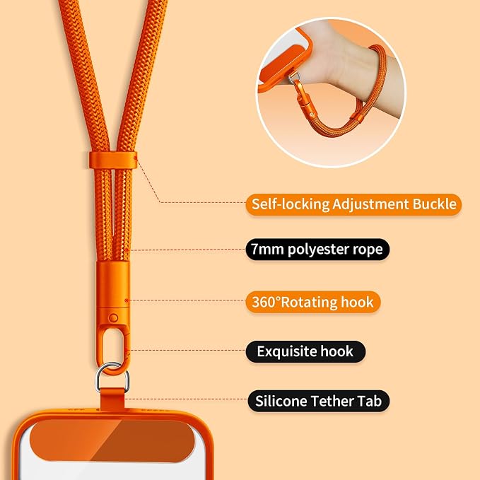 Phone Wrist Strap Lanyard Hand Universal Adjustable Phone Finger Grip Wristlet with 3 Patches Tether Anti Theft for iPhone 16 Pro Max 15 Charms for Keychain USB Flash Drive Wallet ID Name Tag Orange - Image 8