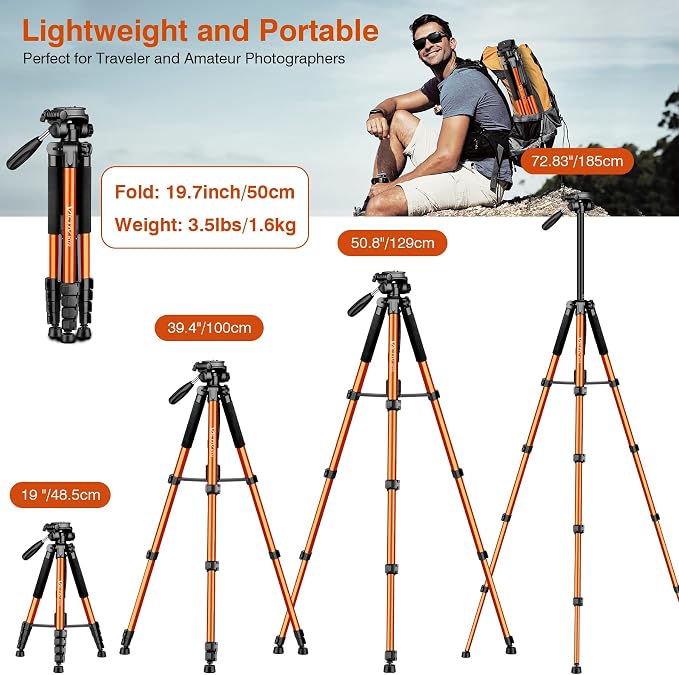 Tripod for Camera, 72" Tall Camera Tripod & Monopod with Remote, Professional Heavy Duty Compact Camera Stand for Phone, DSLR, Spotting Scope, Telescope, Binocular - Image 2