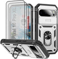 Case for Google Pixel 10 Pro XL/Pixel 9 Pro XL, with 3 Pcs Tempered Glass Screen Protector Built in Ring Stand Kickstand + Camera Cover, Hard PC Soft TPU Defender Full Body Protective Case - White by Unknown