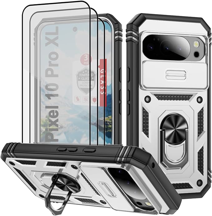 Case for Google Pixel 10 Pro XL/Pixel 9 Pro XL, with 3 Pcs Tempered Glass Screen Protector Built in Ring Stand Kickstand + Camera Cover, Hard PC Soft TPU Defender Full Body Protective Case - White by Unknown