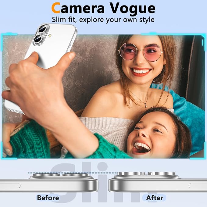 YWXTW for iPhone 16 Plus/iPhone 16 Camera Lens Protector, Individual Anti Scratch Metal Ring Tempered Glass Camera Screen Protector for iPhone 16 Accessories, Case Friendly (Silver Glitter) - Image 4