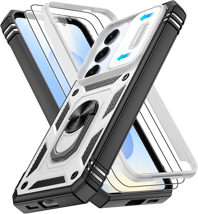 Gritup Fit for Samsung Galaxy S25 Case with Slide Camera Cover | 2 Pcs Screen Protector, Build in 360° Rotating Ring Kickstand, Military Grade Protective Phone Case, White+Black by Gritup