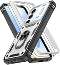 Gritup Fit for Samsung Galaxy S25 Case with Slide Camera Cover | 2 Pcs Screen Protector, Build in 360° Rotating Ring Kickstand, Military Grade Protective Phone Case, White+Black by Gritup