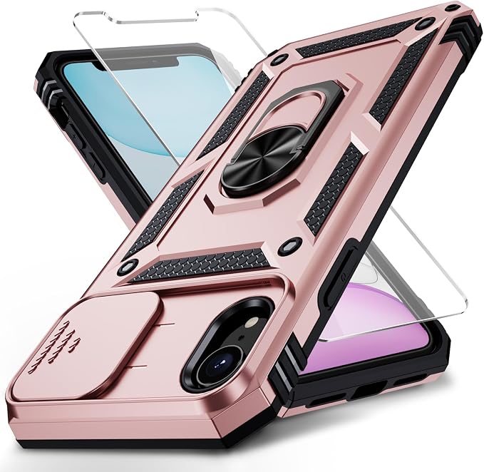 for iPhone XR Case with Camera Lens Cover, HD Screen Protector, 10 FT Military Grade Drop Protection, Magnetic Ring Holder Kickstand Protective Phone Case, Rose Gold by Weycolor