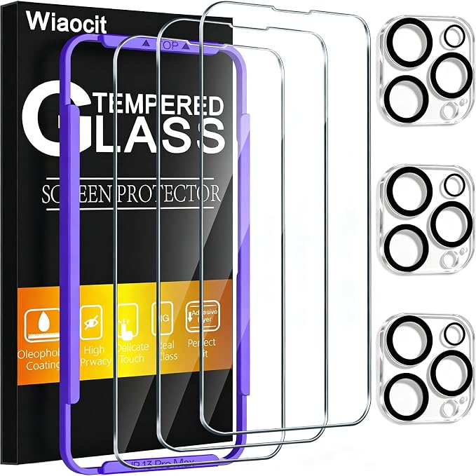 Wiaocit Tempered Glass Screen Protector for iPhone 13 Pro Max | 3+3 Pack, 9H Hardness, Camera Lens Protector, Installation Frame, Bubble Free, Case Friendly by Wiaocit
