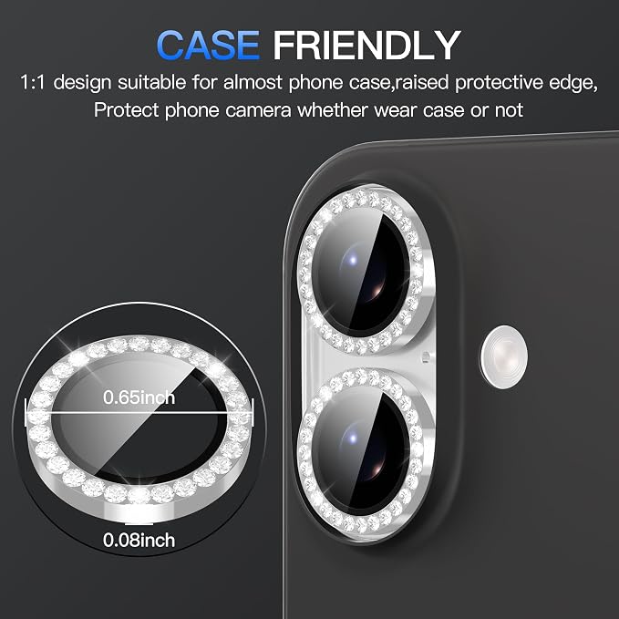 Suoman for iPhone 17 Camera Lens Protector, Glitter Diamond Individual Metal Tempered Glass Camera Lens Cover [Strong-Adhesion][Does not Affect Night Shots] -Silver - Image 7