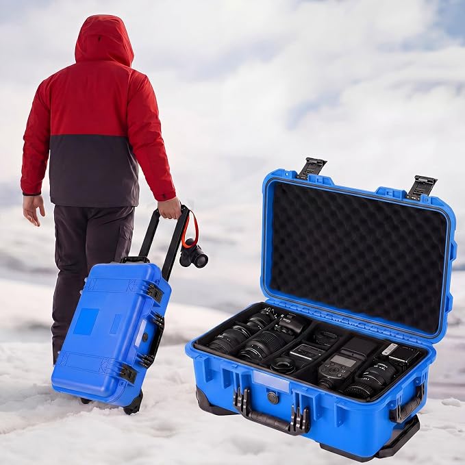 Relaxweex Rolling Camera Hard Case with Padded Dividers & Wheels, Impact-resistant Hard Shell Travel Case for Cameras, Lenses & Accessories(22 x 14 x 9 Inch,Blue) - Image 6