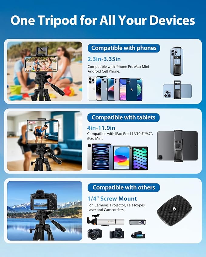 75" Heavy Duty Camera Tripod Stand - Max Load 15LB, Aluminum Travel Tripod for DSLR/Phone/Tablet/Projector, 3-Way Pan Head & Quick Release Plate, Compact Foldable Design (Blue) - Image 5