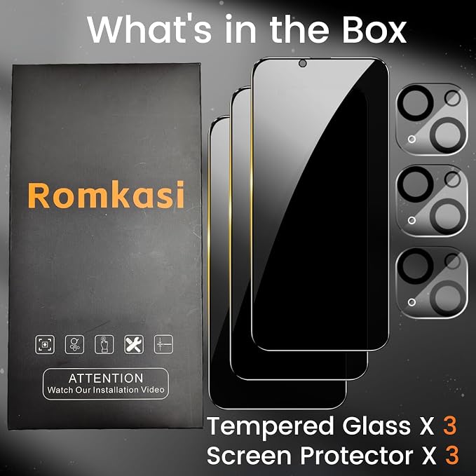 Romkasi 3 Pack Privacy Screen Protector for iPhone 13 Pro Max 6.7 Inch with 3 Pack Camera Lens Protector, Anti Spy Tempered Glass Film, Anti-Scratch, Touch Sensitive, Case Friendly - Image 2