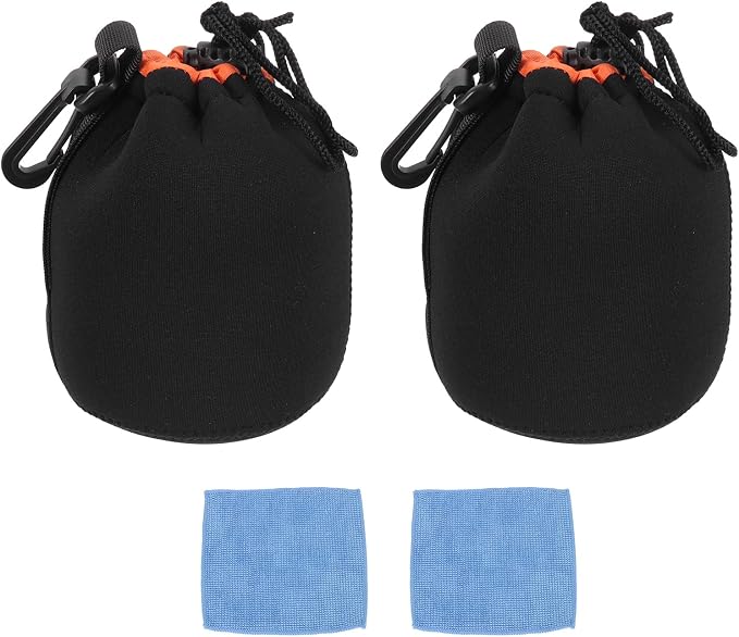 PATIKIL 2 Pcs Camera Lens Pouch, 4" ID x 6" H Drawstring Orange Interior Lens Pouch Protective Camera Lens Case Bag Soft Plush Neoprene Bag for DSLR Photography Gear, Black/Orange by PATIKIL