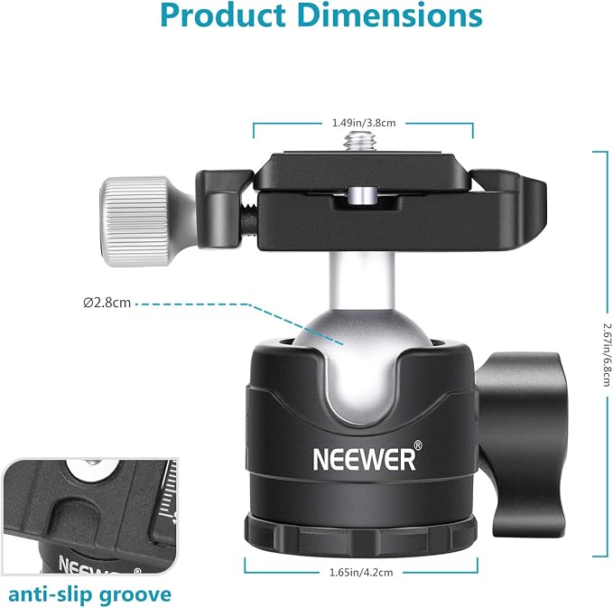 NEEWER 28mm Low Profile Tripod Ball Joint 360° Pan Rotation with 1/4" Arca Type Quick Release Plate and Spirit Level for Tripods, Monopods, Max Load: 6.6LB/5kg - Image 2