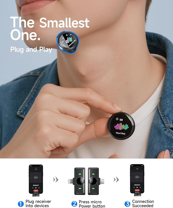 Wireless Lavalier Microphone for iPhone: 80H with Charging Case | Microphone for iPhone & Android -30dB Noise Reduction - Plug & Play - Mini Mic for Vlogging TikTok YouTube - Image 2
