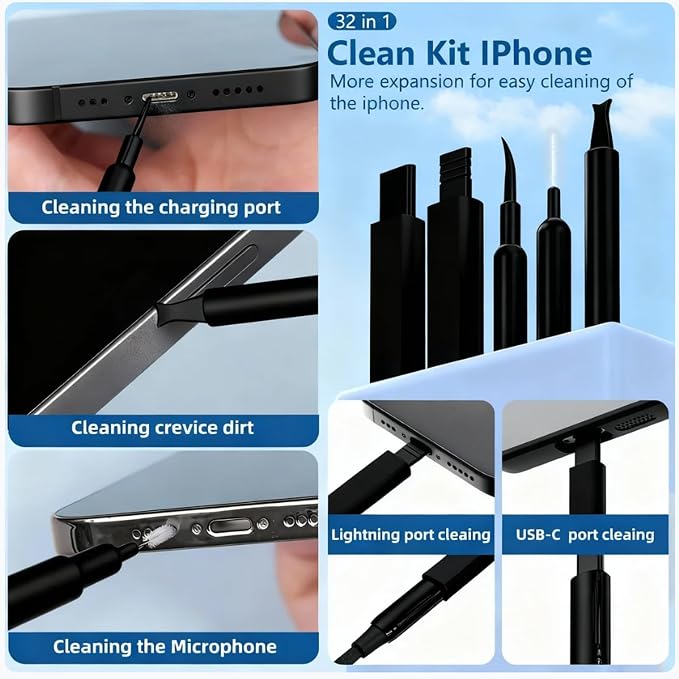Inesore 32 in 1 Phone Cleaning Kit for iPhone AirPods MacBook Earbuds-Black | Full Set of Multi-Size Tips, Wide Application, All-in-One Layered Storage, Tidy Accessory Storage, Dual Wet & Dry Clean Modes - Image 2