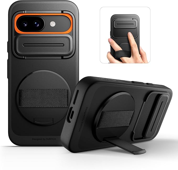 SURITCH for Google Pixel 9a Case with 360° Rotatable Hand Strap Phone Grip Holder & Invisible Kickstand & Slide Camera Cover, Slim Rugged Shockproof Protective Cover for Pixel 9a, Black by SURITCH