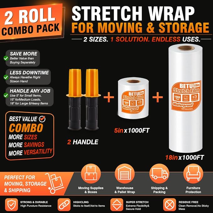 Stretch Film Shrink Wrap Large Item Kit (5"+18") x 1000 Ft for Moving Supplies, Heavy Duty Plastic Wrap Stretch Roll for Moving Boxes Toys Books Shipping Pallet Wrapping Furniture with Handles, Clear - Image 3