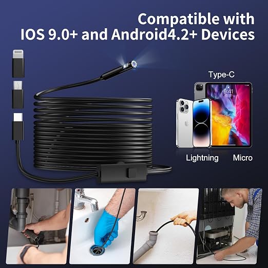 Endoscope Camera with Light, 1920P HD Borescope Inspection Camera | with 8 Adjustable LEDs, IP67 Waterproof Semi-Rigid Snake Cable for Android, iPhone, and iPad(16.4ft, Dual Lens) - Image 5