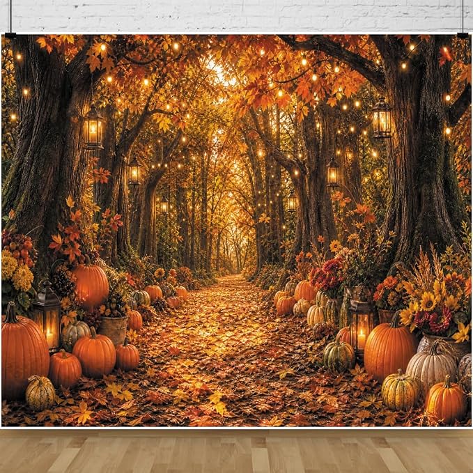 10x8ft Fall Autumn Forest Photography Backdrop Thanksgiving Photo Backdrops | Fall Woodland Pumpkin Maple Leaves Background with Orange Flowers, Thanksgiving Party Decorations Banner Photo Props Vinyl by Leowefowa