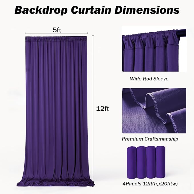 20x12 ft Deep Purple Backdrop Curtains for Weddings, Birthdays and Photos | 4 Panels 5x12 ft, Wrinkle-Free Polyester Drapes, Washable, Ironable, 4 in Rod Pocket for Baby Showers Photography Background - Image 6