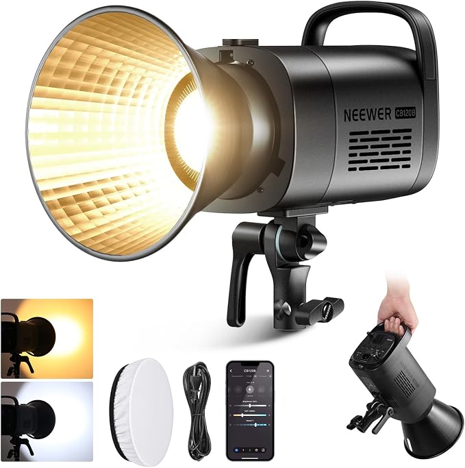 NEEWER CB120B 120W LED Video Light with 2.4G&APP Control COB Bi Color 2700K-6500K 78000lux at 1m/CCT Mode/CRI97/12 Scenes/Bowens Mount Continuous Output Lighting for Studio Photography/Video Recording by Neewer