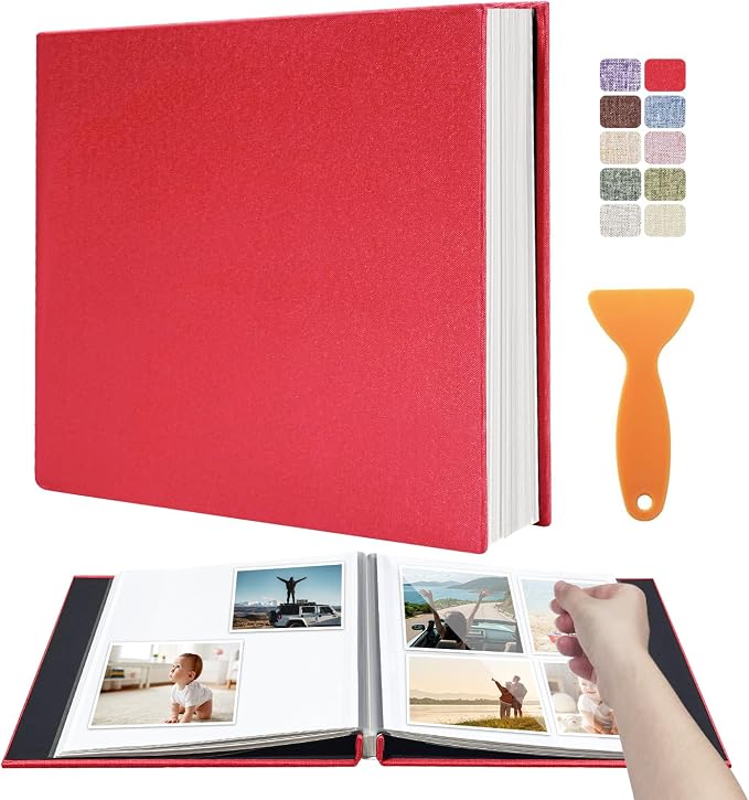 Large Photo Album Self Adhesive Scrapbook Album for 4×6 5×7 8×10 Pictures DIY Magnetic Linen Cover Album 40 Pages for Family Wedding Gifts with Metal Pen and Plastic Board, Dark Red by HenPisen