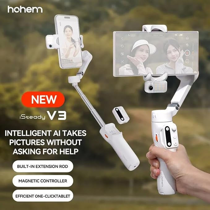 Hohem iSteady V3 Gimbal Stabilizer, Magnetic AI Tracking, Removable Remote | 3-Axis Smartphone Gimbal with Built-in Telescopic Rod and Tripod, Perfect for Content Creators (White) - Image 8