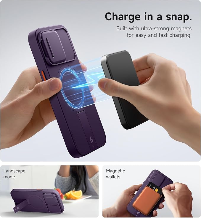 SURITCH for iPhone 15 Pro Case with Magnetic Camera Slide Cover and Adjustable Kickstand, Compatible with MagSafe, Shockproof Bumper Case Slim Protective Cover 6.1 Inch, Dark Purple - Image 3
