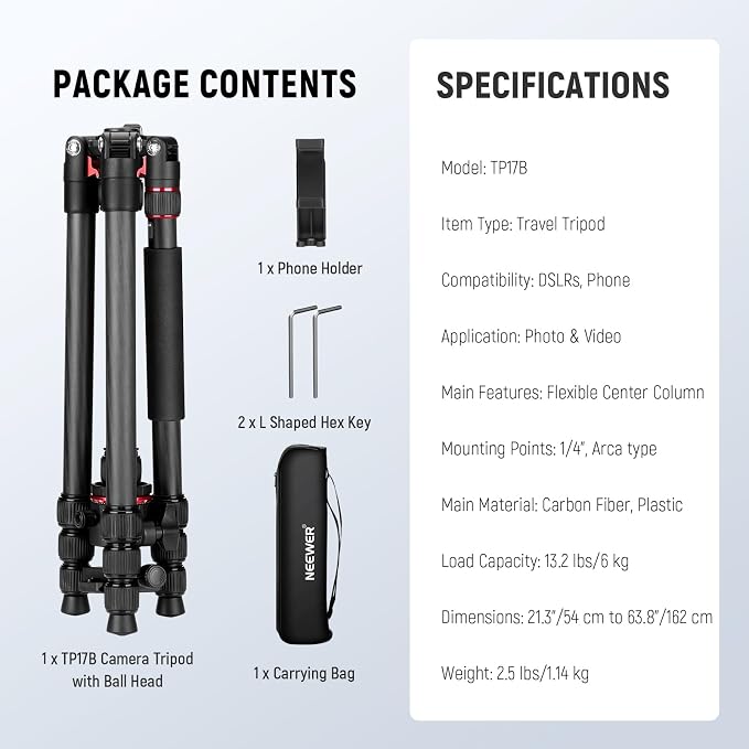 NEEWER Basics Carbon Fiber Travel Tripod Monopod, 64" Compact Lightweight Portable Camera Cell Phone Holder Stand Compatible with iPhone Video Recording, Arca Type Ball Head, Max Load 13.2 lbs, TP17B - Image 9